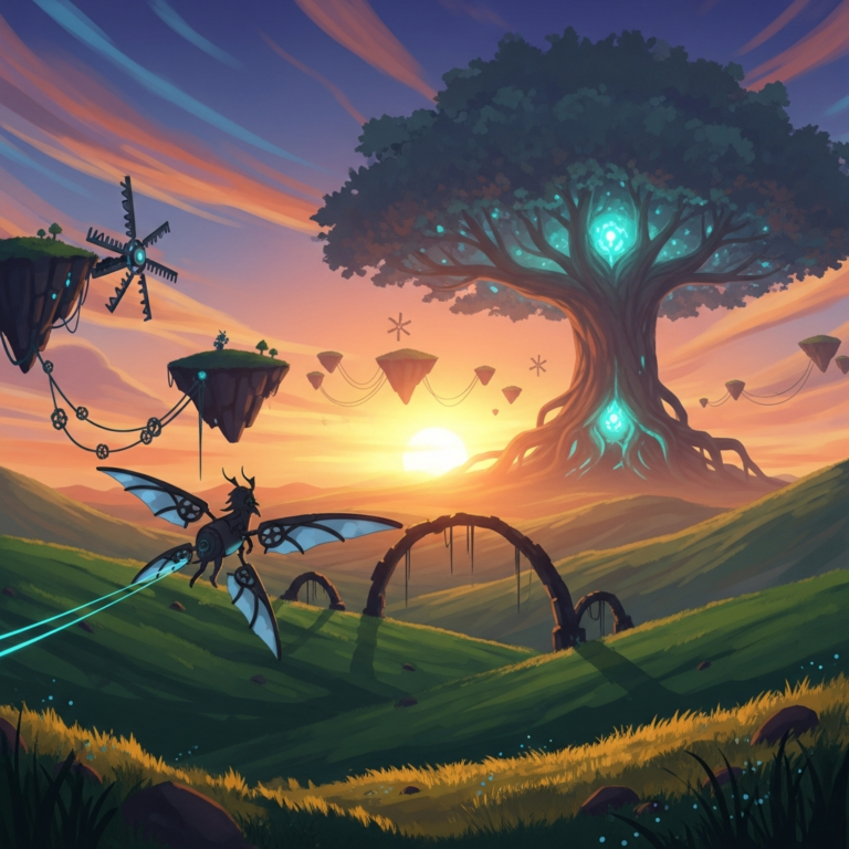 Stilisierte KI-Illustration einer bunten Fantasy-Spielwelt mit fliegenden Kreaturen und einem leuchtenden Baum am Horizont, Symbolbild für Palworld