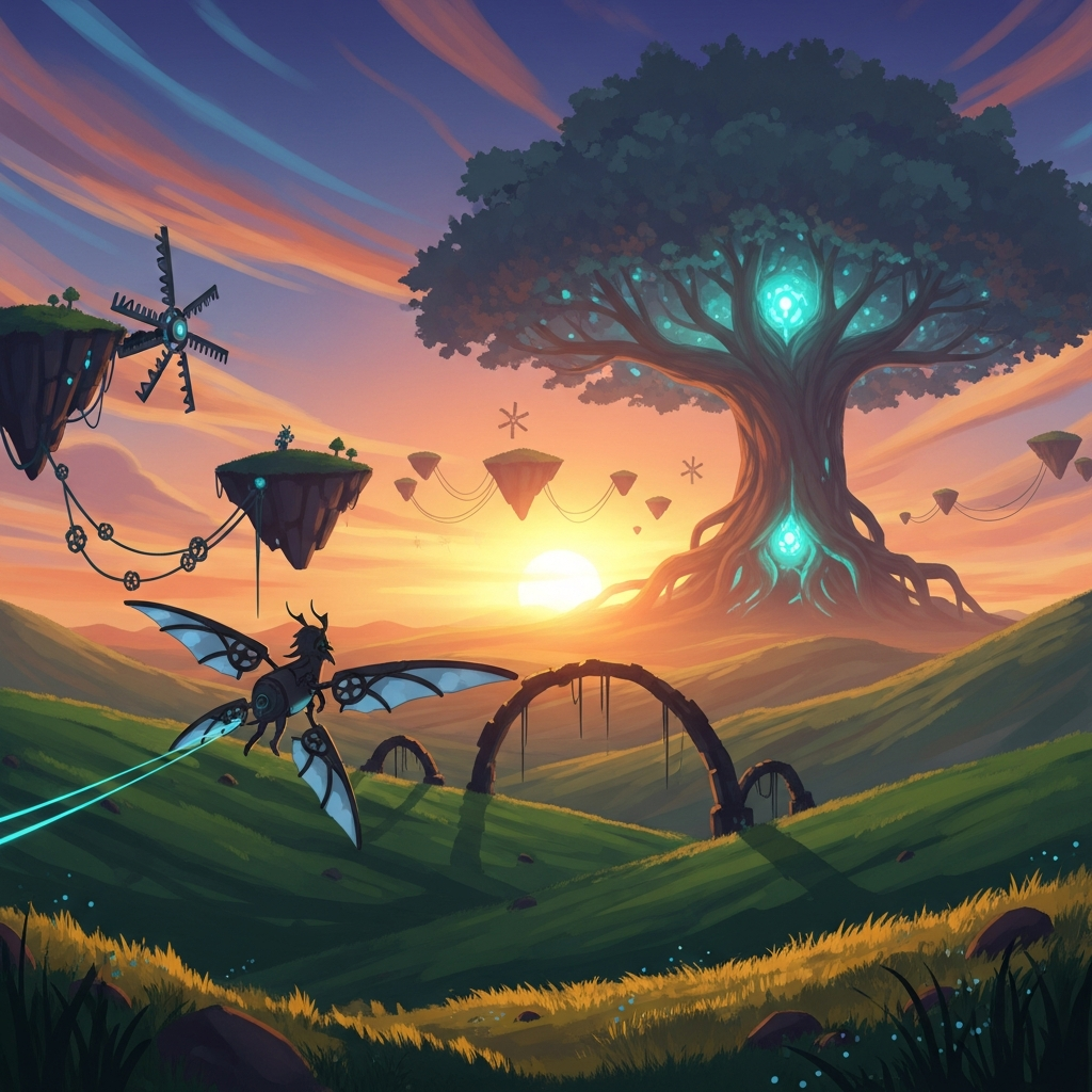 Stilisierte KI-Illustration einer bunten Fantasy-Spielwelt mit fliegenden Kreaturen und einem leuchtenden Baum am Horizont, Symbolbild für Palworld