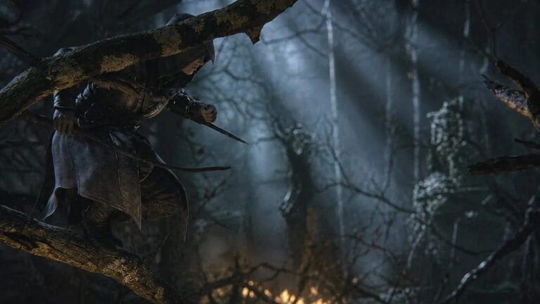 Official teaser image for Assassin's Creed Hexe: A hooded assassin crouches with a drawn dagger on a tree trunk in a dark forest.