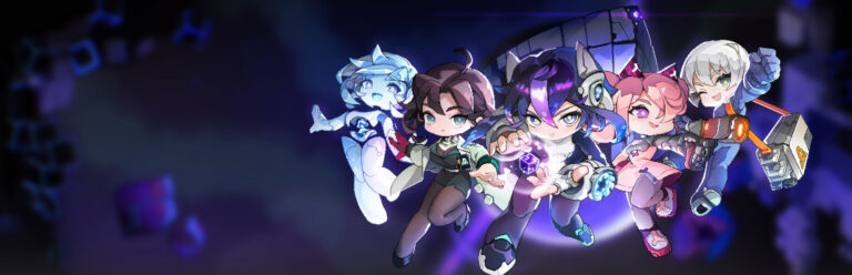 Offizielles Key-Art-Artwork zu Ascend to Zero mit mehreren Charakteren des Roguelikes vor einem futuristischen Zeitportal