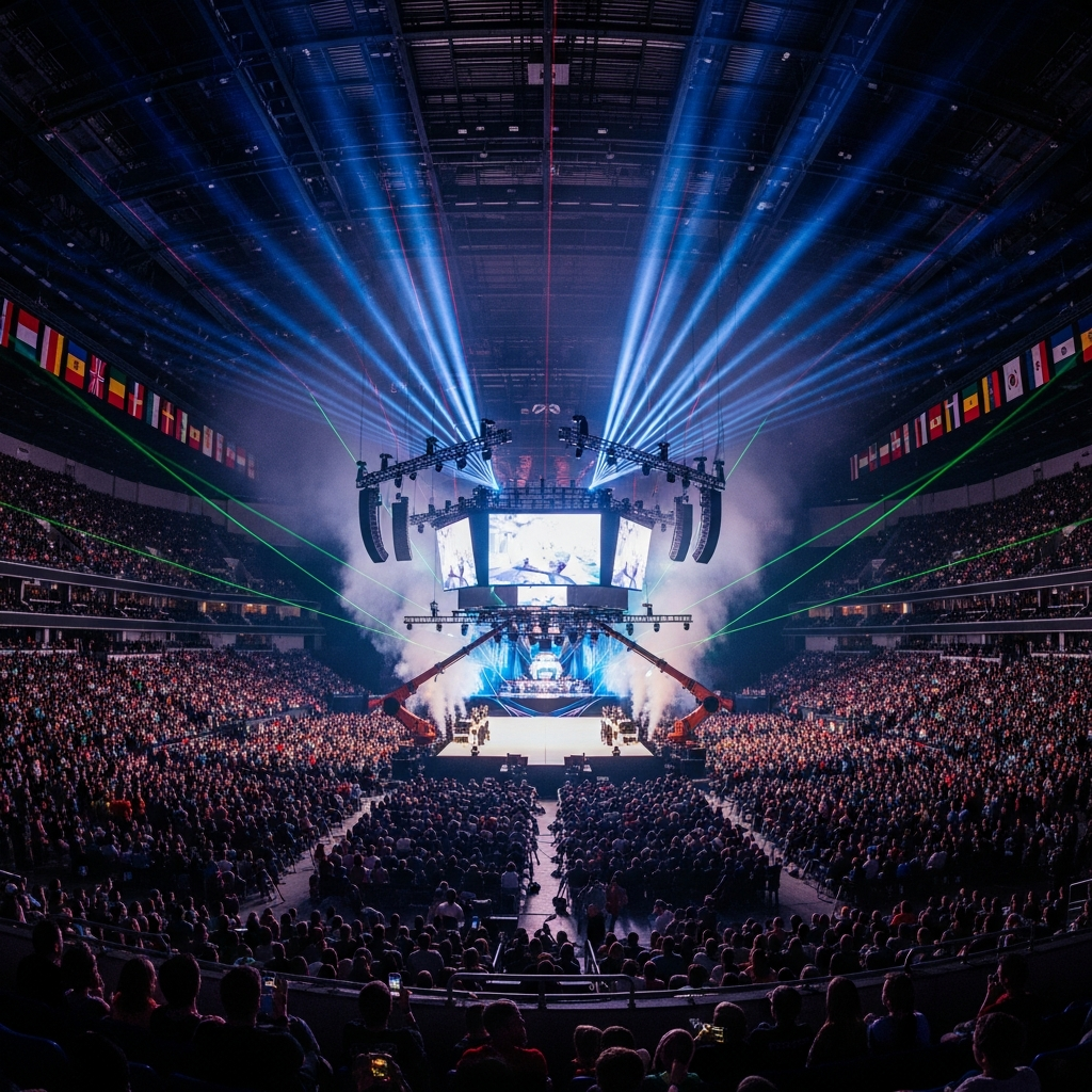 Stylized AI illustration of a large esports arena at night with stage lighting in blue and violet, symbolic image for the Esports World Cup 2026