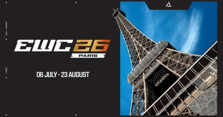 Offizielle Ankuendigungsgrafik des Esports World Cup 2026 in Paris mit Eiffelturm-Motiv und Turnierzeitraum 6. Juli bis 23. August