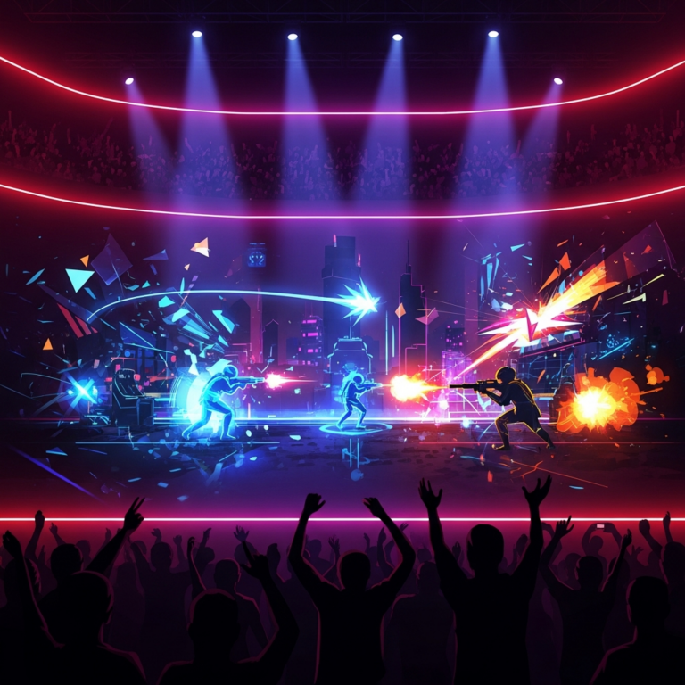 Stilisierte KI-Illustration einer Esports-Arena mit lila-rotem Neonlicht und jubelnden Zuschauer-Silhouetten als Sinnbild fuer die Valorant-Matches der Esports World Cup 2026