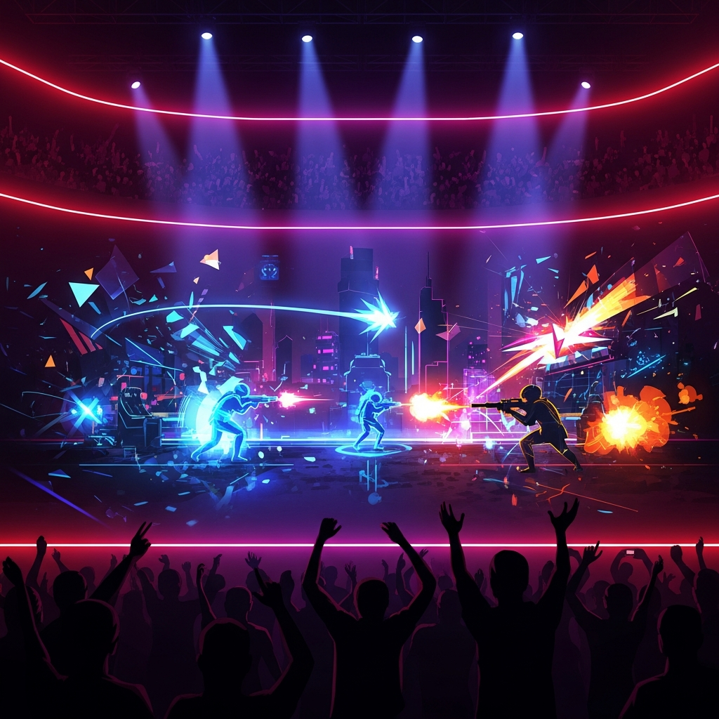 Stilisierte KI-Illustration einer Esports-Arena mit lila-rotem Neonlicht und jubelnden Zuschauer-Silhouetten als Sinnbild fuer die Valorant-Matches der Esports World Cup 2026