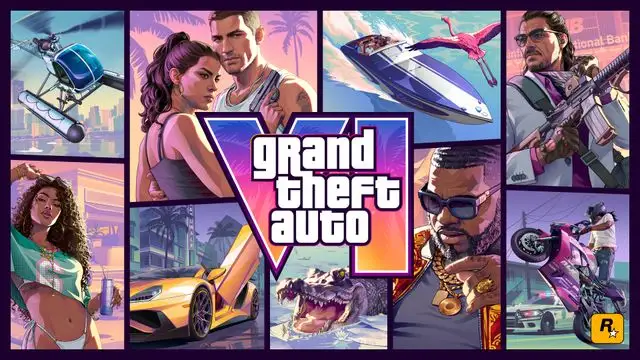 Official Grand Theft Auto VI key art featuring protagonists Lucia and Jason against a Vice City backdrop
