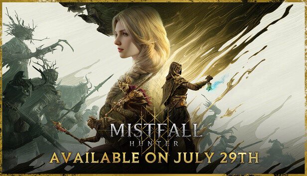 Official Steam capsule image for Mistfall Hunter featuring the main character against a dark fantasy backdrop
