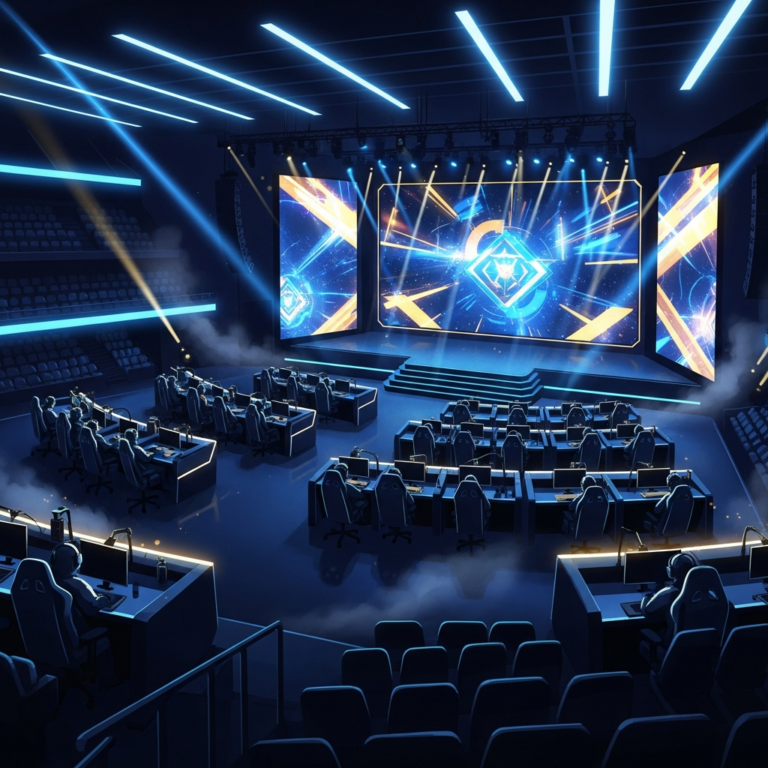 Stilisierte KI-Illustration zum MSI 2026 mit abstrakten Esports-Motiven in Teal und Pink
