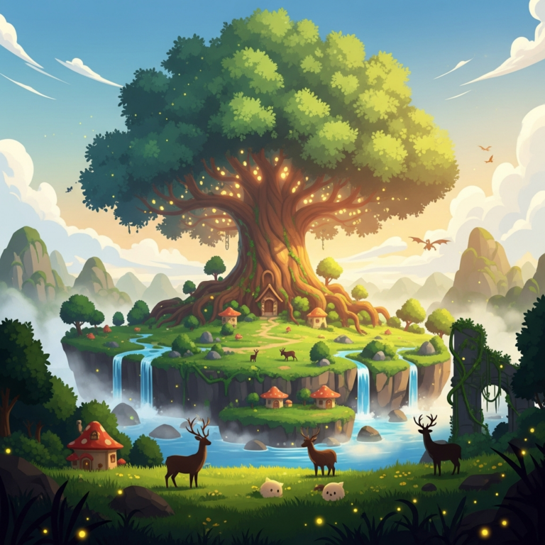 Stilisierte KI-Illustration einer üppigen Fantasy-Insel mit leuchtendem Weltenbaum als Symbolbild für den Palworld-1.0-Release