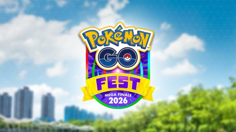 Official Pokémon GO Fest: Mega Finale 2026 logo against a blurred sky and city park background
