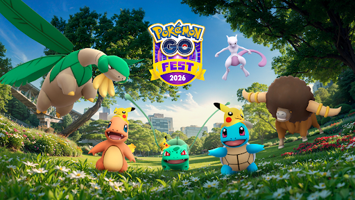 Offizielles Key-Art-Artwork zu Pokémon GO Fest 2026 mit Mewtwo, Pikachu und weiteren Pokémon in einem Park