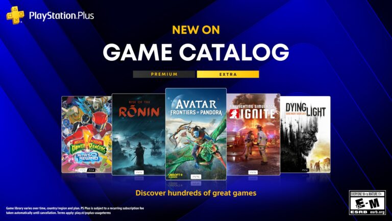 Offizielles PlayStation-Plus-Banner mit den Boxarts von Avatar: Frontiers of Pandora, Rise of the Ronin, Firefighting Simulator: Ignite, Dying Light und Mighty Morphin Power Rangers: Rita's Rewind
