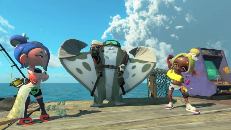 Zwei Inkling-Charaktere und ein Rochen-artiges Wesen aus Splatoon Raiders stehen auf einem Bootssteg