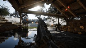 Players defending an improvised base with wooden shelters in the Wardogs game world