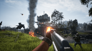 First-person perspective in a firefight with a burning vehicle and smoke plume in a Wardogs combat zone