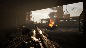 Gunfight in an abandoned industrial facility with a burning vehicle in a Wardogs control zone