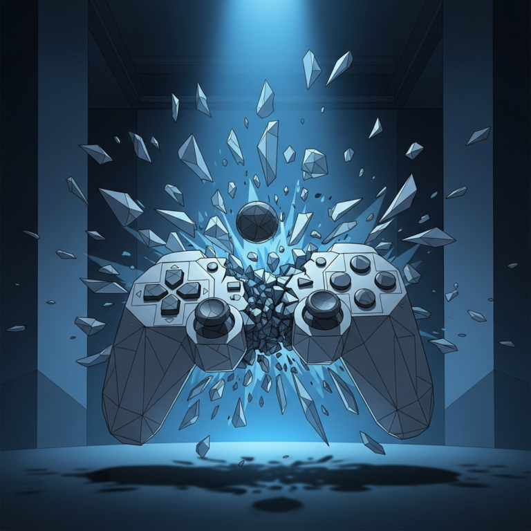 Stilisierte KI-Illustration eines zerbrechenden Game-Controllers in Blau- und Grautönen als Symbolbild für den Umbau bei Xbox