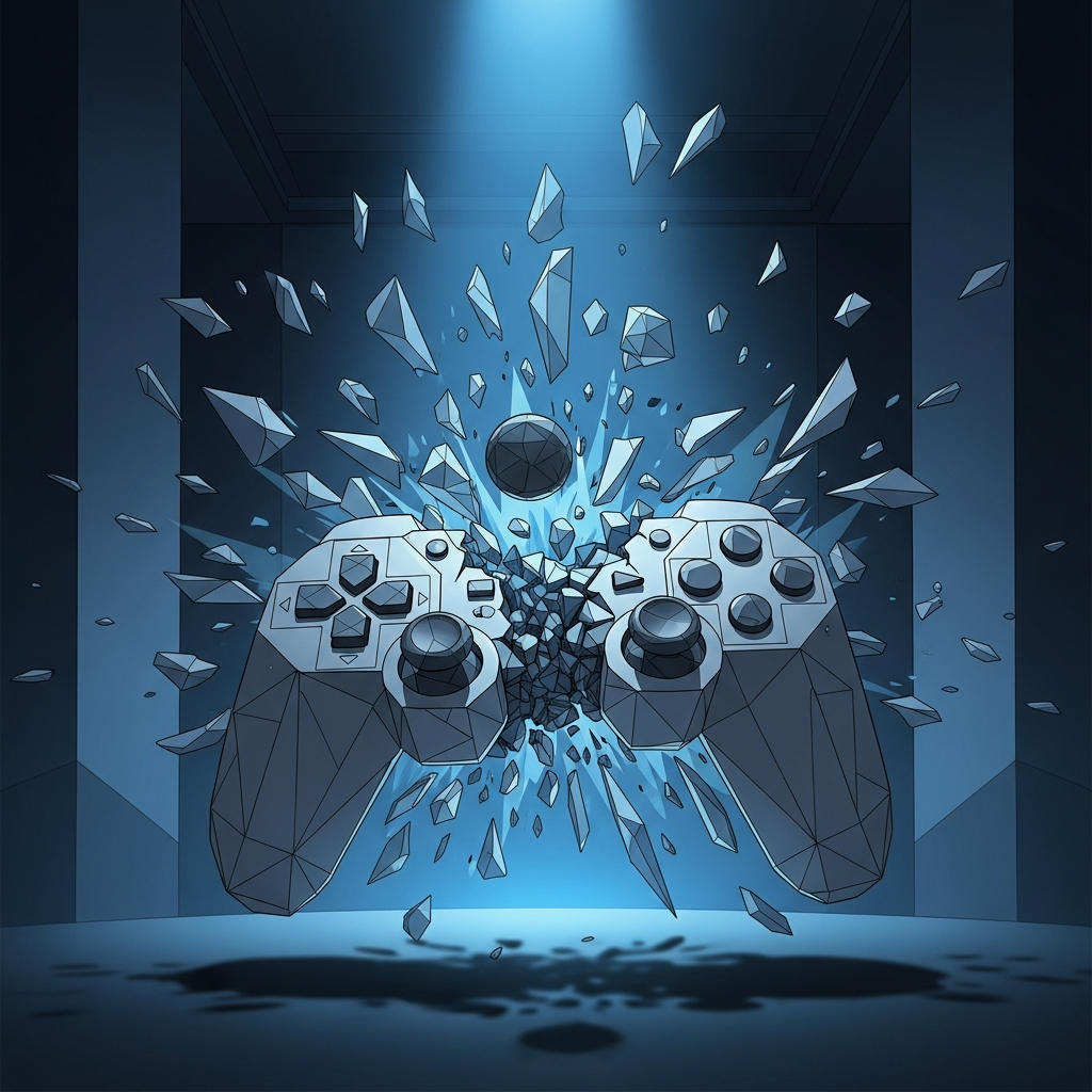 Stylized AI illustration of a breaking game controller in blue and grey tones as a symbolic image for the restructuring at Xbox