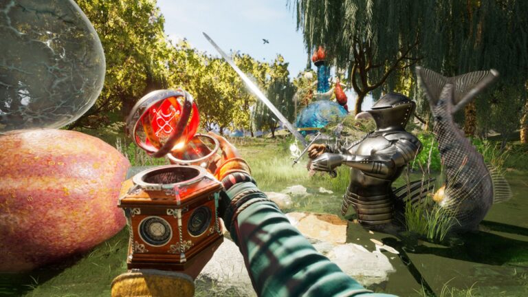 Gameplay-Szene mit Ritter und surrealen Kreaturen im Stil von Hieronymus Bosch