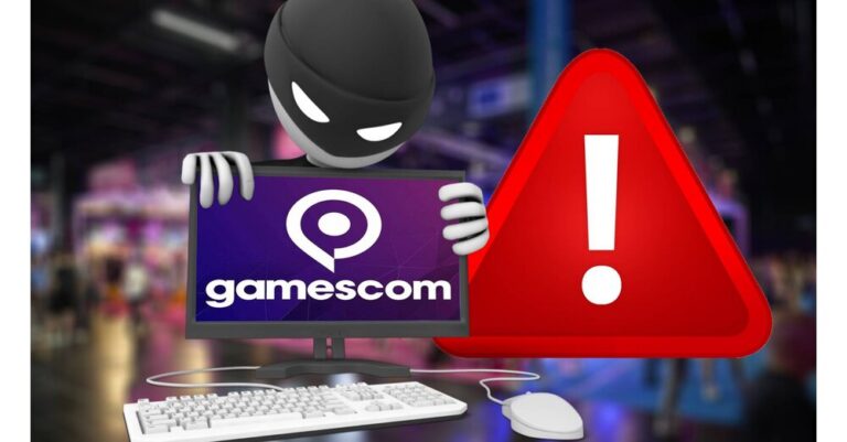 Symbolische Illustration eines Diebstahls auf der gamescom mit Warnsymbol