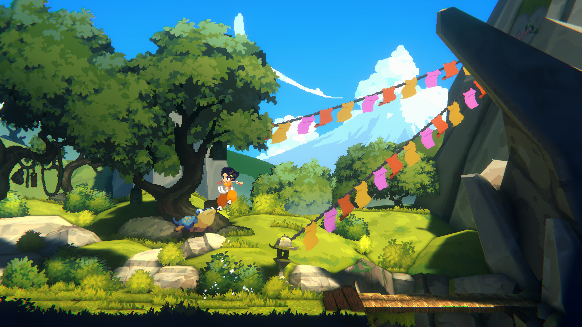 Gameplay screenshot from Akatori: Mako jumps through a green temple complex with colorful pennant chains