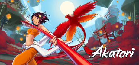 Offizielles Key Art zu Akatori: Die Heldin Mako mit ihrem Stab und dem magischen Feuervogel vor einer Tempelkulisse