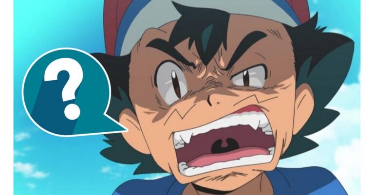 Ash Ketchum blickt wütend, daneben ein Fragezeichen-Symbol