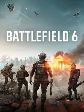 Offizielles Key-Art-Motiv zu Battlefield 6 mit vier Soldaten vor einer brennenden Skyline