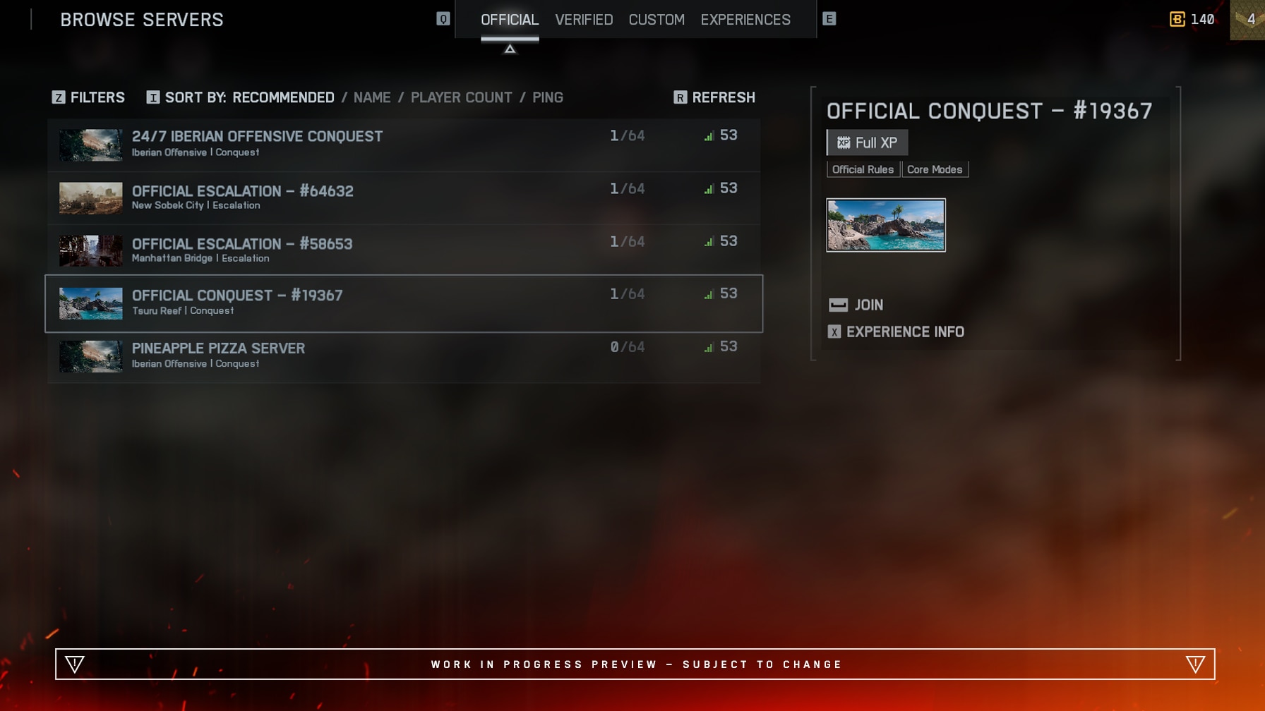 Server-Browser in Battlefield 6 mit Reitern für offizielle, verifizierte und Custom-Experiences sowie einer Portal-Karte im Vorschaubild