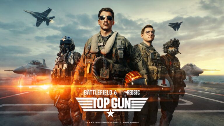 Offizielles Key-Art-Bild zum Battlefield-6-Top-Gun-Crossover mit den Piloten-Charakteren Rooster und Bob vor Kampfjets auf einem Flugzeugtraeger