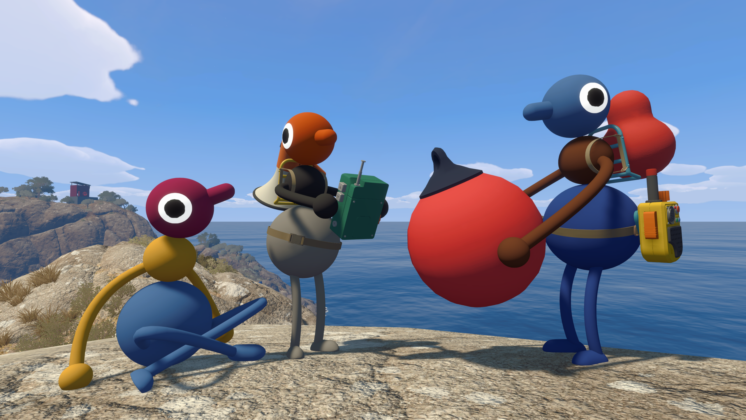 Screenshot aus Big Walk: Mehrere Spielfiguren erkunden gemeinsam eine offene Landschaft