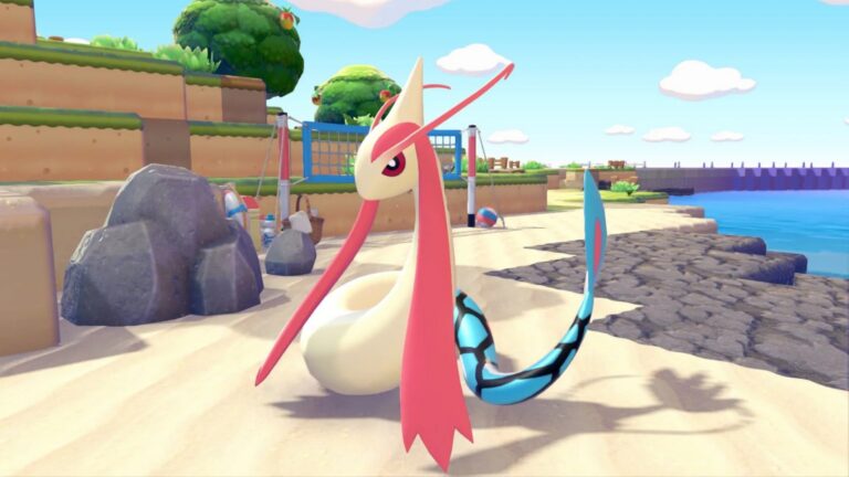 Feebas schwimmt im Wasser vor einem Pokémon Center in Pokémon Pokopia, umgeben von glitzernden Prism Scales