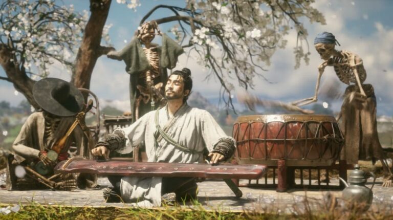 Zhong Kui sitzt meditierend zwischen skelettartigen Wesen unter einem blühenden Baum in Black Myth: Zhong Kui