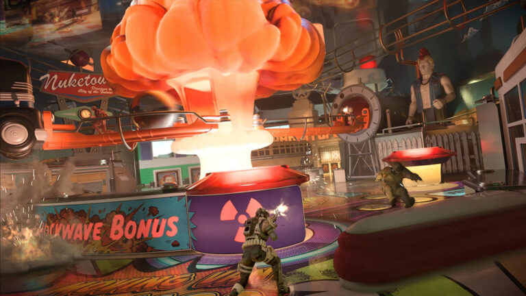 Screenshot aus dem Pinball-Modus Turbo Tilt in Call of Duty: Black Ops 7 mit Nuketown-Motiv und Explosion