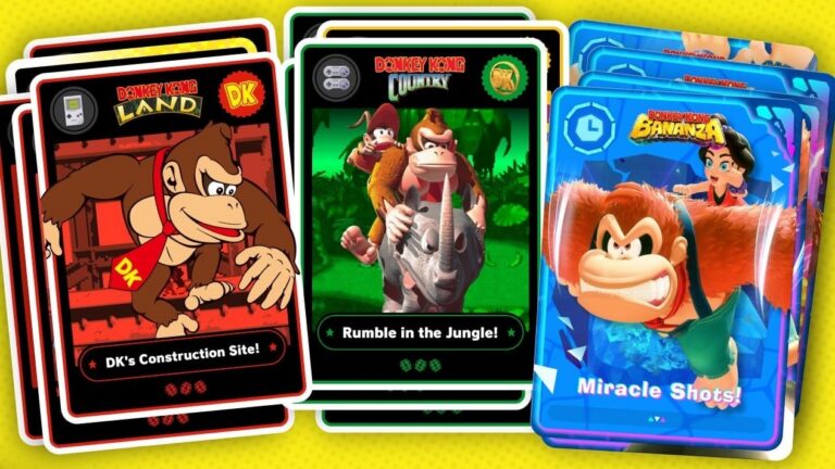 Sammelkarten der DK Challenge mit Motiven aus Donkey Kong Land, Country und Bananza