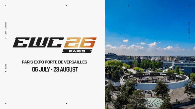 Offizielle Ankündigungsgrafik des Esports World Cup 2026 mit Austragungsort Paris Expo Porte de Versailles