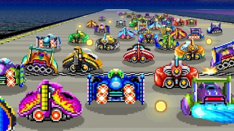 Screenshot aus F-Zero 99: Zahlreiche bunte Gleiter starten gemeinsam in ein Rennen auf der Strecke