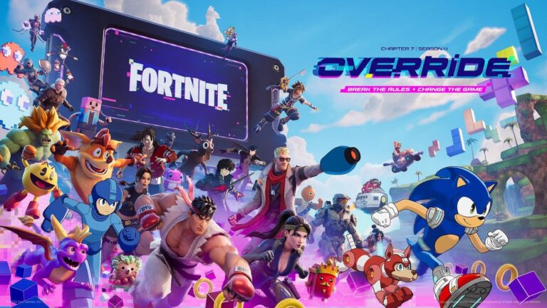 Offizielles Key-Art zu Fortnite Kapitel 7 Season 4 Override mit Sonic, Mega Man, Tetris-Blöcken und weiteren Crossover-Charakteren vor der Green Hill Zone
