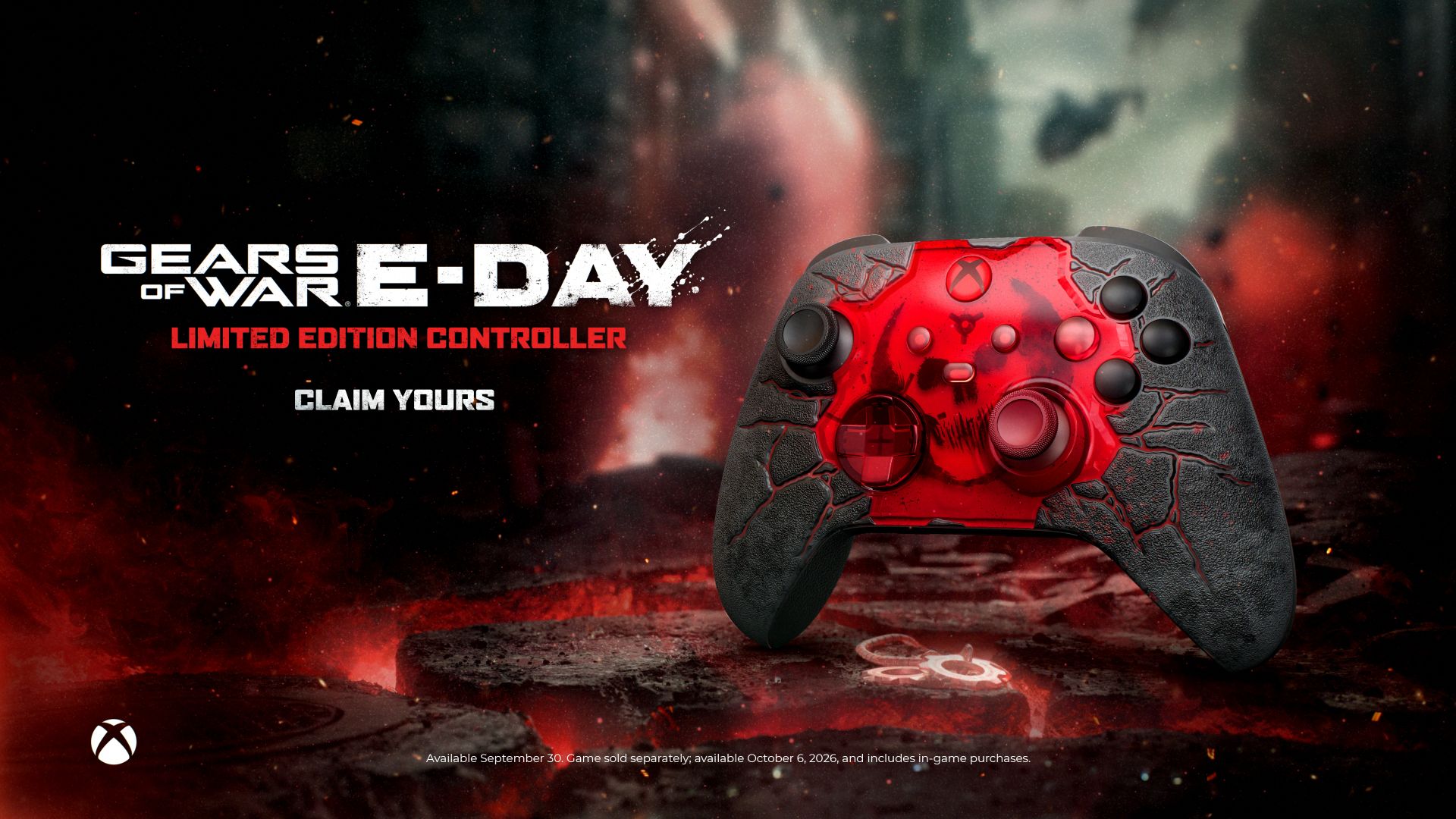 Nahaufnahme des Gears of War E-Day Limited Edition Xbox Wireless Controllers mit rot-schwarzem Design und Crimson-Omen-Logo