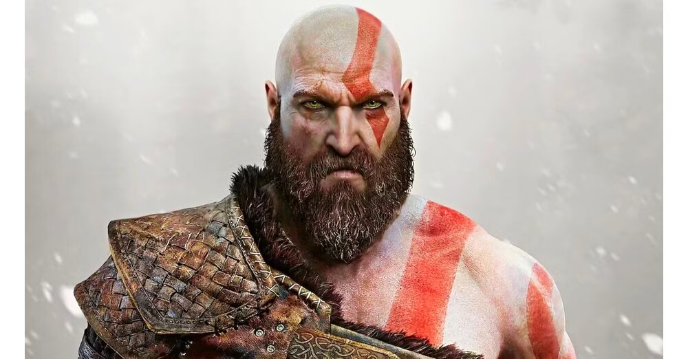 Kratos-Artwork aus den God-of-War-Spielen, im Hintergrund ein Bild von Dave Bautista