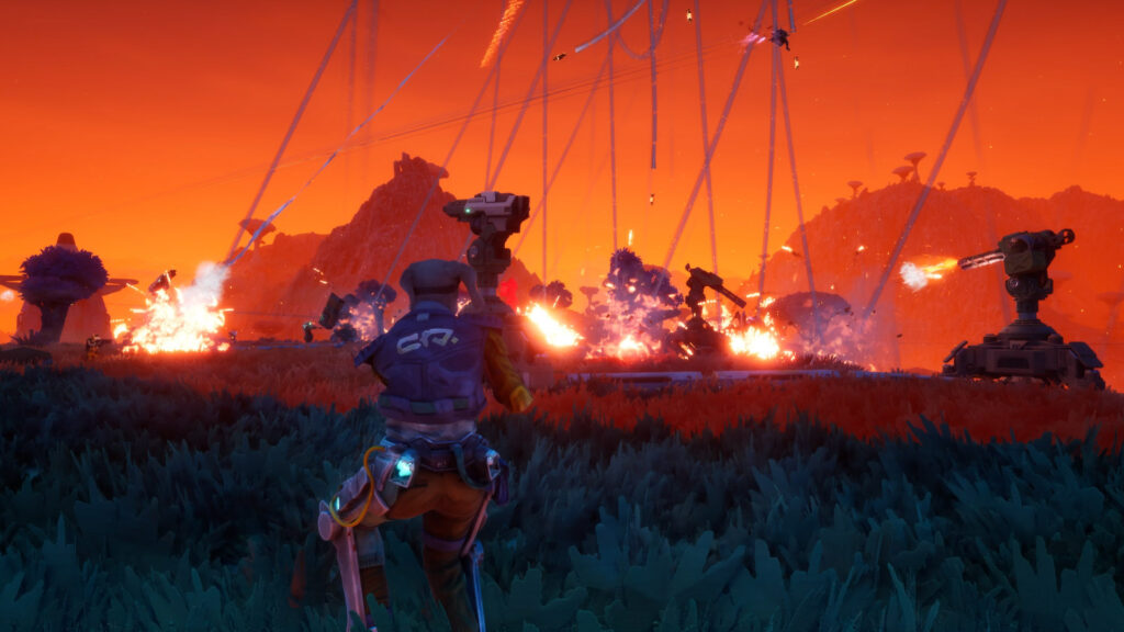 Gameplay-Screenshot aus Gravhounds: Team kämpft gegen Kreaturen auf einem fremden Planeten
