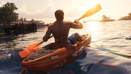Ein Charakter paddelt bei Sonnenuntergang in einem Kajak durch die Gewässer von Vice City in GTA 6