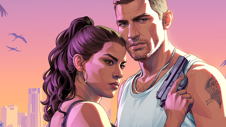Offizielles GTA-6-Key-Art zeigt die Protagonisten Lucia und Jason vor der Skyline von Vice City im Sonnenuntergang