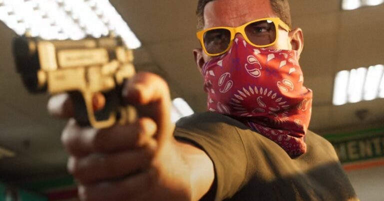 GTA-6-Protagonist Jason zielt mit einer goldenen Pistole, offizielles Rockstar-Artwork