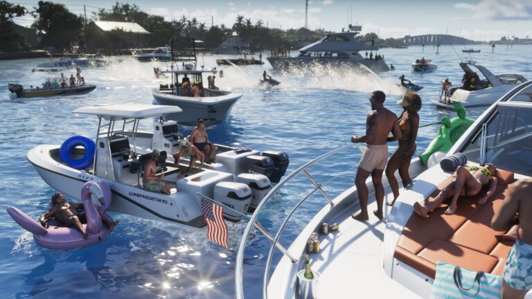 Offizieller GTA-6-Screenshot: Bootsparty vor der Kueste der Leonida Keys mit zahlreichen Yachten und Charakteren im Wasser