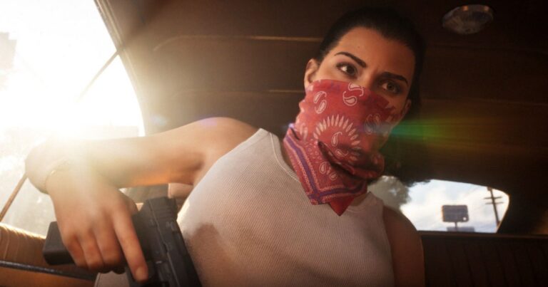 Szene aus GTA 6 mit Lucia und einem Auto - das im Extended Look gezeigte Material lief auf PS5 mit 30 FPS
