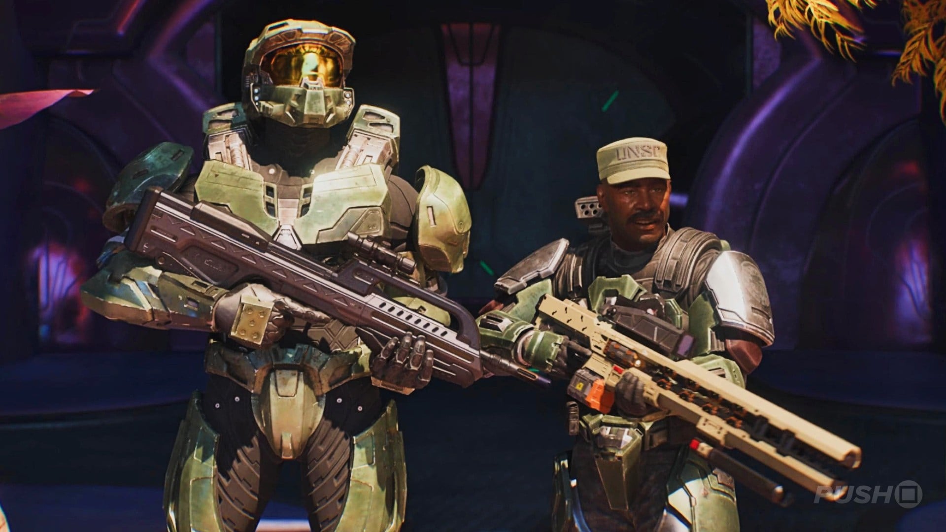 Master Chief und Sergeant Johnson bewaffnet nebeneinander in Halo: Campaign Evolved