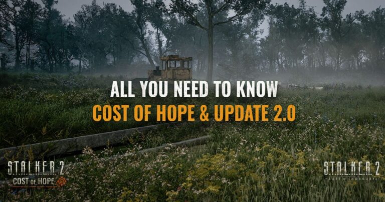 Offizielles Key-Visual zu S.T.A.L.K.E.R. 2: Cost of Hope und Update 2.0 mit nebliger Zonen-Landschaft und verlassenem Fahrzeug