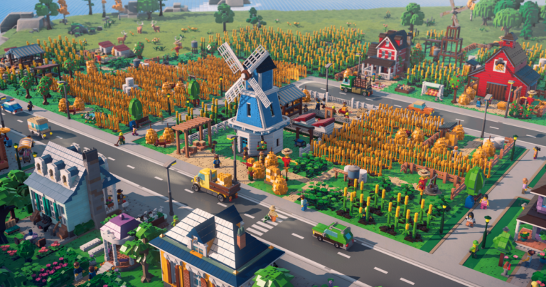 Screenshot aus LEGO Skylines mit einer im LEGO-Baustein-Stil gestalteten Stadt