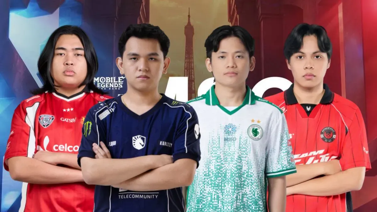 Four pro players from different MLBB teams pose in front of the official MSC 2026 tournament banner in Paris