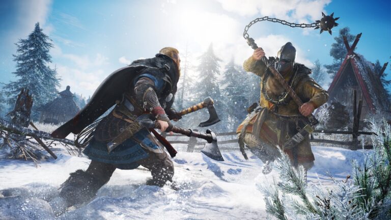 Kampfszene aus Assassin's Creed Valhalla, dem Spiel das Eric Baptizat als Game Director inszenierte